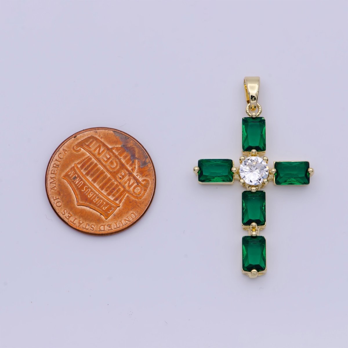 Emerald Green Baguette Cubic Zirconia Religious Cross Gold Necklace | X-503 - DLUXCA