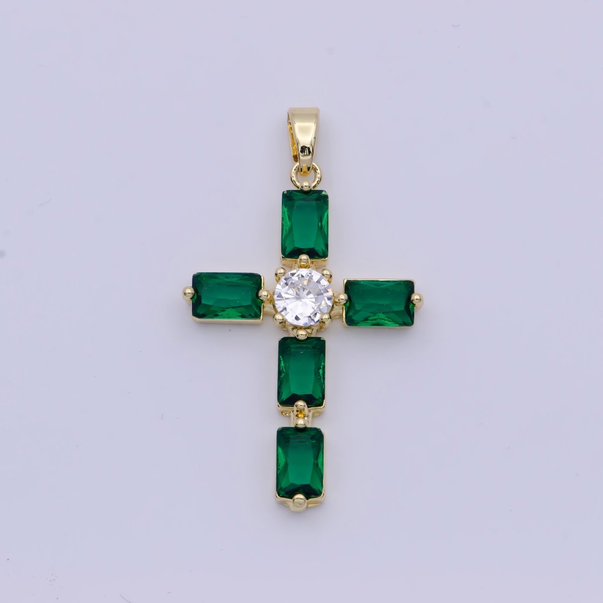 Emerald Green Baguette Cubic Zirconia Religious Cross Gold Necklace | X-503 - DLUXCA