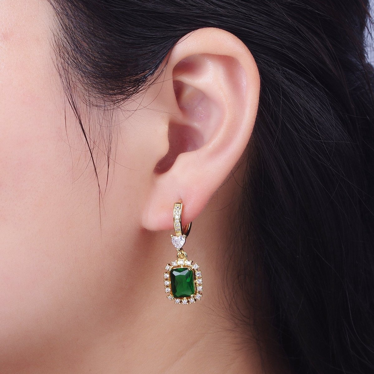 Emerald Green Baguette Dangle Drop Clear Heart Micro Paved CZ Gold Huggie Earrings | AB009 - DLUXCA