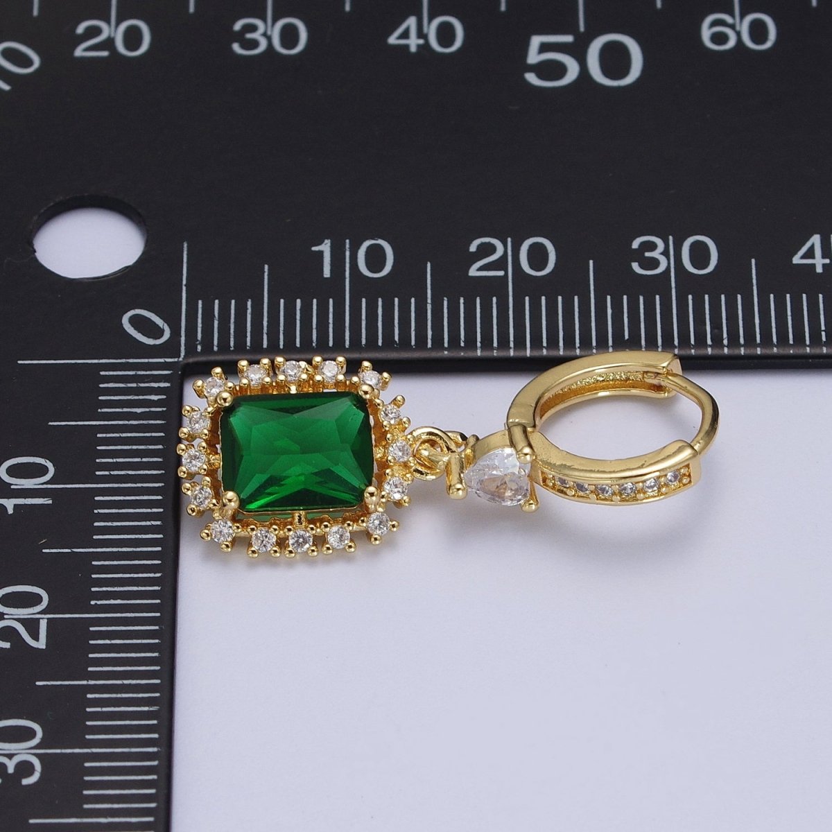 Emerald Green Baguette Dangle Drop Clear Heart Micro Paved CZ Gold Huggie Earrings | AB009 - DLUXCA