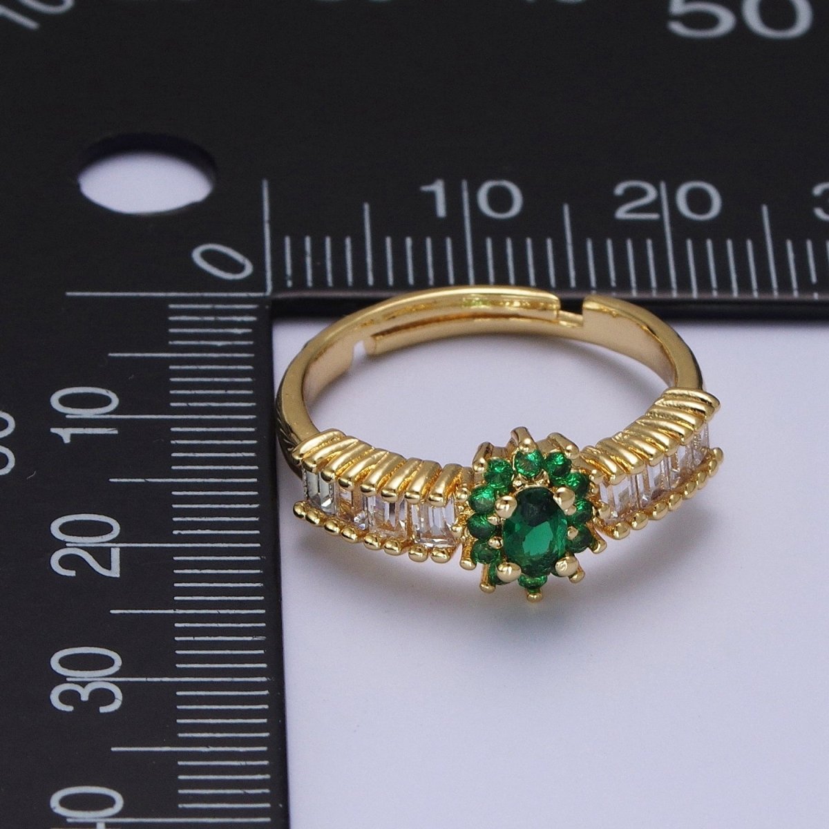 Emerald Green Celestial Sun Flower Clear Baguette Cubic Zirconia Band Ring | X-561 - DLUXCA