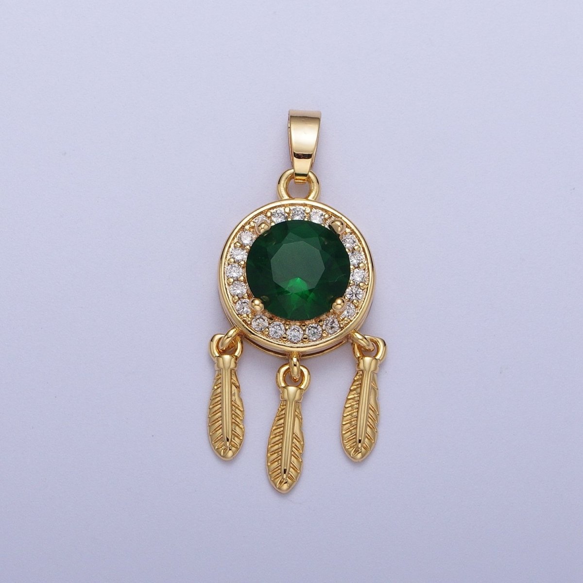 Emerald Green Cz Charm in 16K Gold Filled Dream Catcher Charm Necklace Pendant Boho Charm for Jewelry Making Bohemian Inspired X-696 - DLUXCA