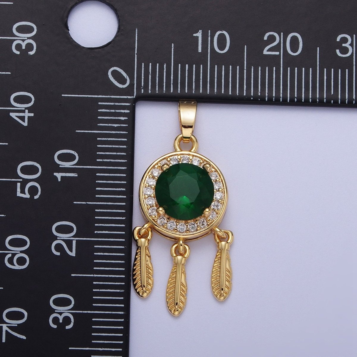 Emerald Green Cz Charm in 16K Gold Filled Dream Catcher Charm Necklace Pendant Boho Charm for Jewelry Making Bohemian Inspired X-696 - DLUXCA