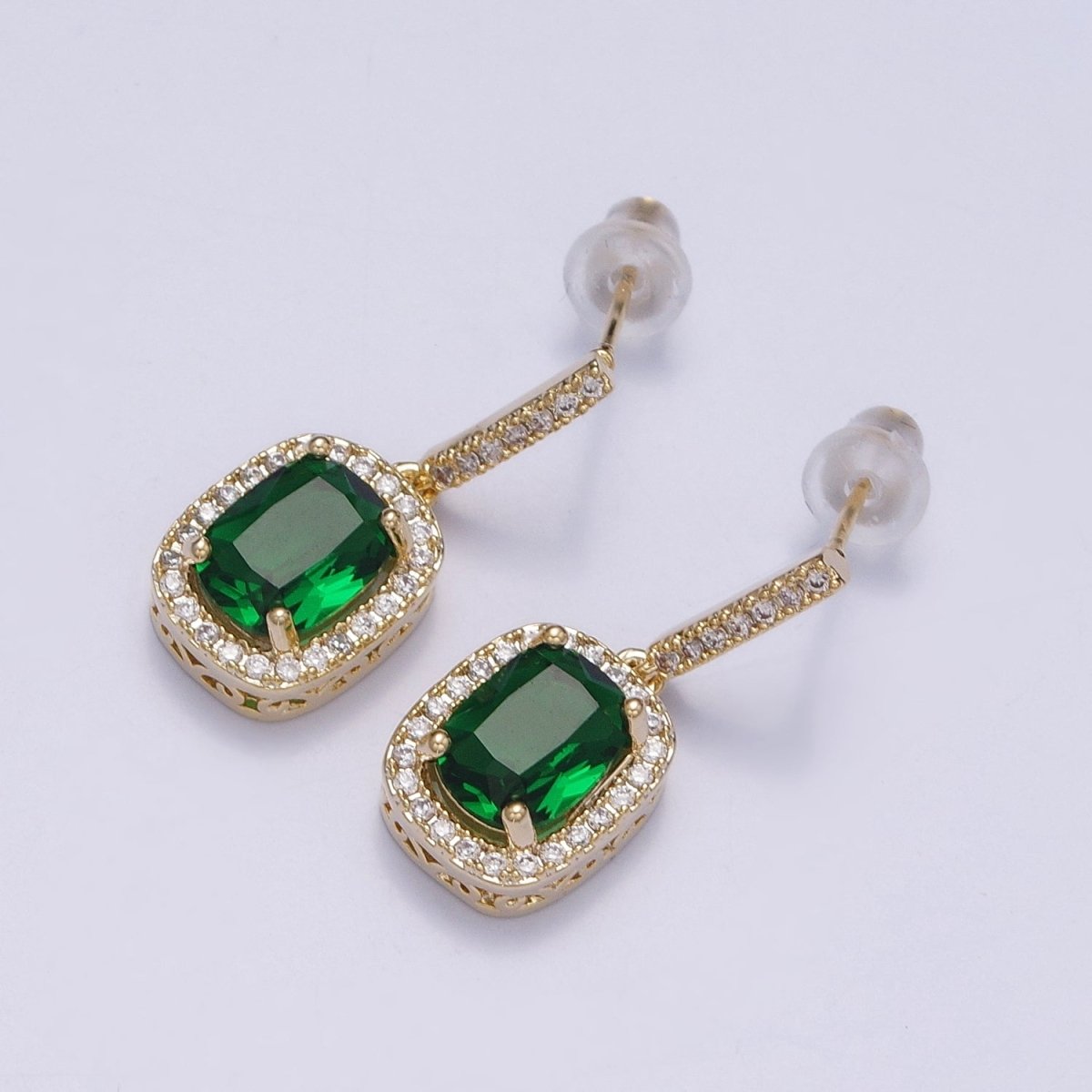 Emerald Green CZ Rectangular Drop Micro Paved CZ Bar Gold Stud Earrings | AB199 - DLUXCA