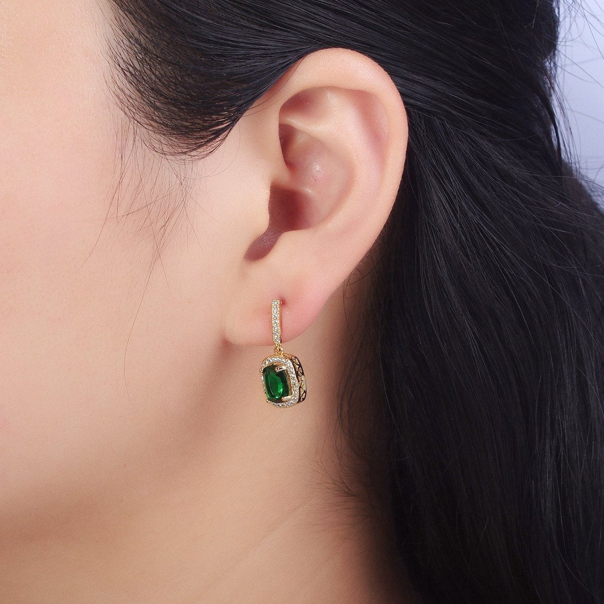 Emerald Green CZ Rectangular Drop Micro Paved CZ Bar Gold Stud Earrings | AB199 - DLUXCA