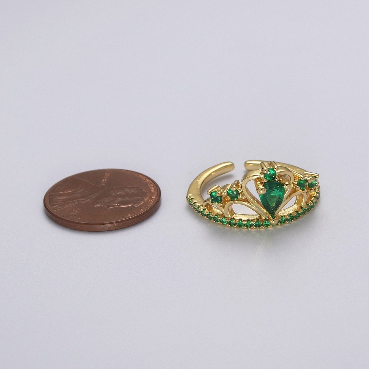 Emerald Green Cz Stone Heart Tiara Ring Open Adjustable Gold Band O-2038 - DLUXCA