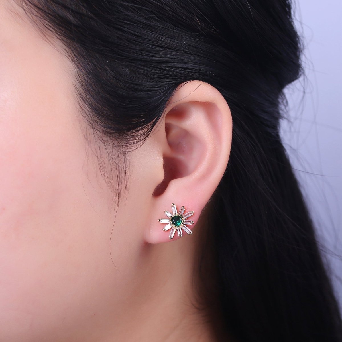 Emerald Green Cz Stud Earring SunBurst Sun Clear Baguette Stud | V-100 - DLUXCA
