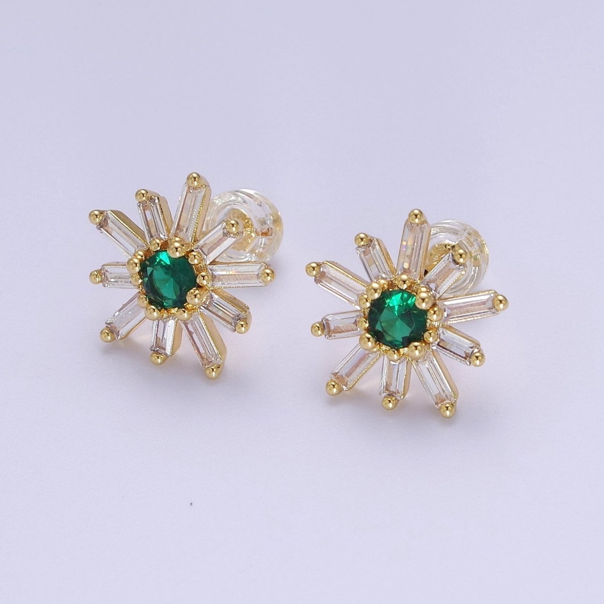 Emerald Green Cz Stud Earring SunBurst Sun Clear Baguette Stud | V-100 - DLUXCA