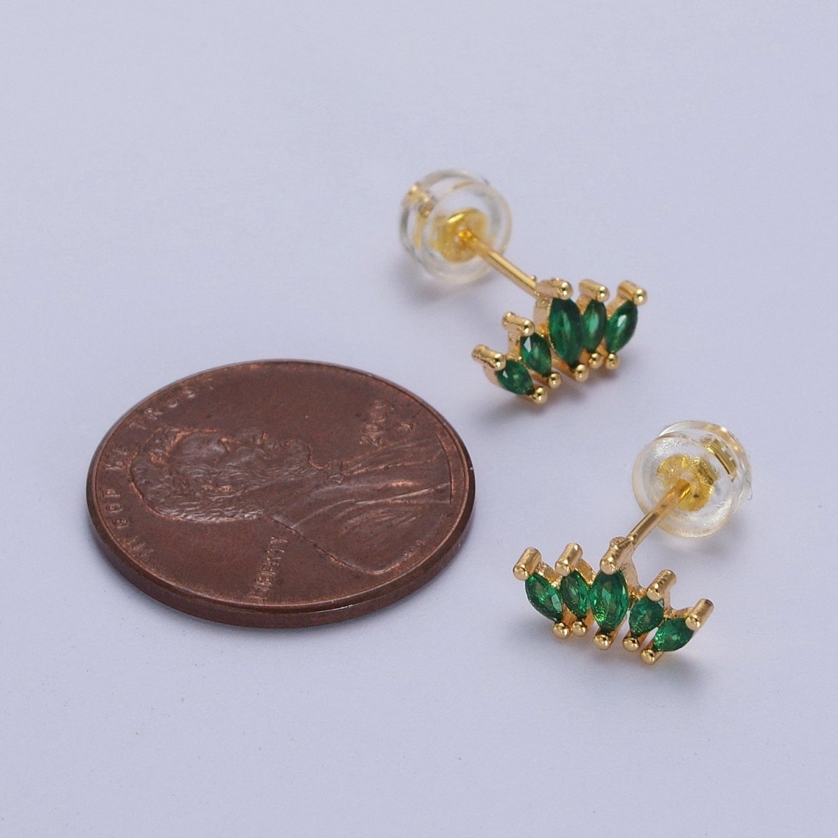 Emerald Green Marquise CZ Fan Lined Gold Mini Stud Earrings | AB019 - DLUXCA
