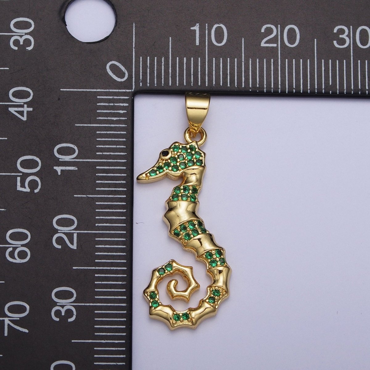 Emerald Green Micro Pave Cubic Zirconia Seahorse Ocean Wildlife Gold Charm For Jewelry Making | X-475 - DLUXCA