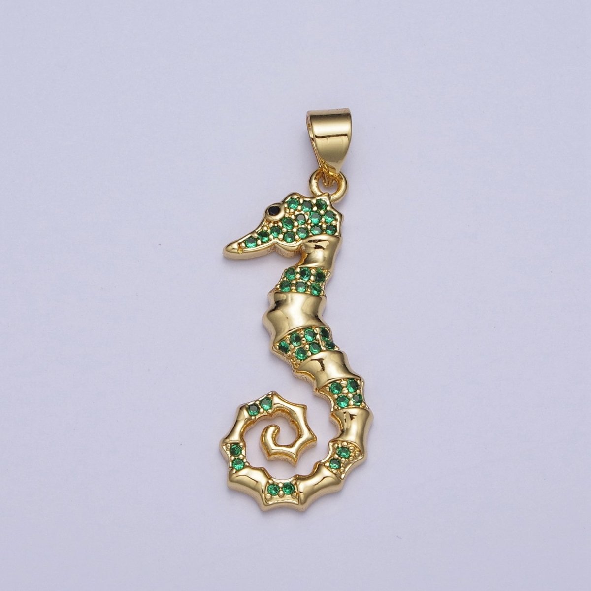 Emerald Green Micro Pave Cubic Zirconia Seahorse Ocean Wildlife Gold Charm For Jewelry Making | X-475 - DLUXCA