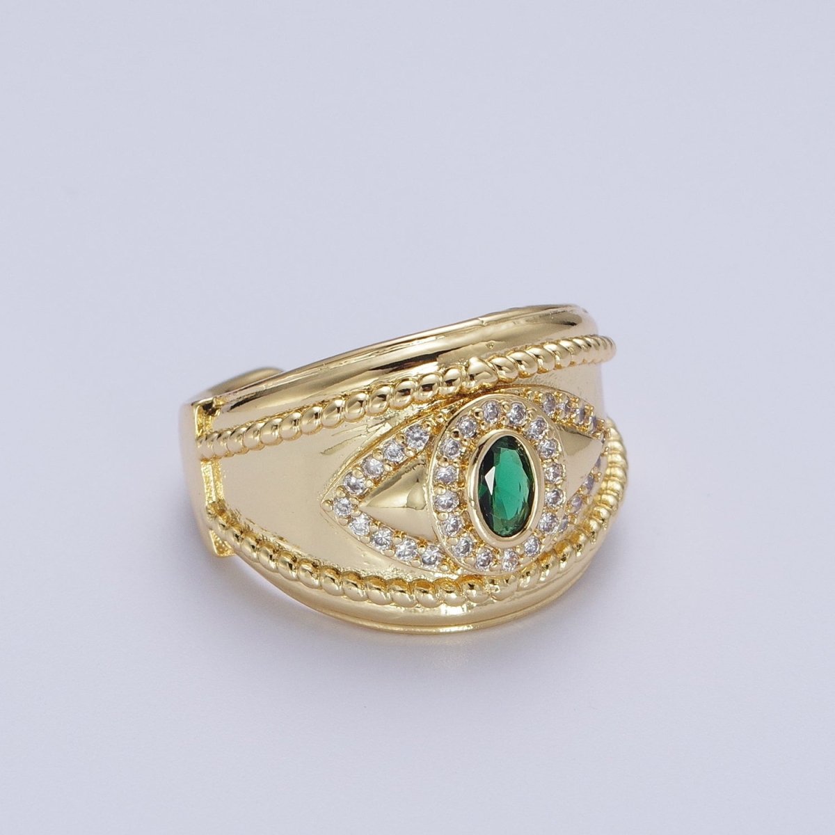 Emerald Green Micro Paved Cubic Zirconia Twist Rope Gold Signet Ring | X-564 - DLUXCA