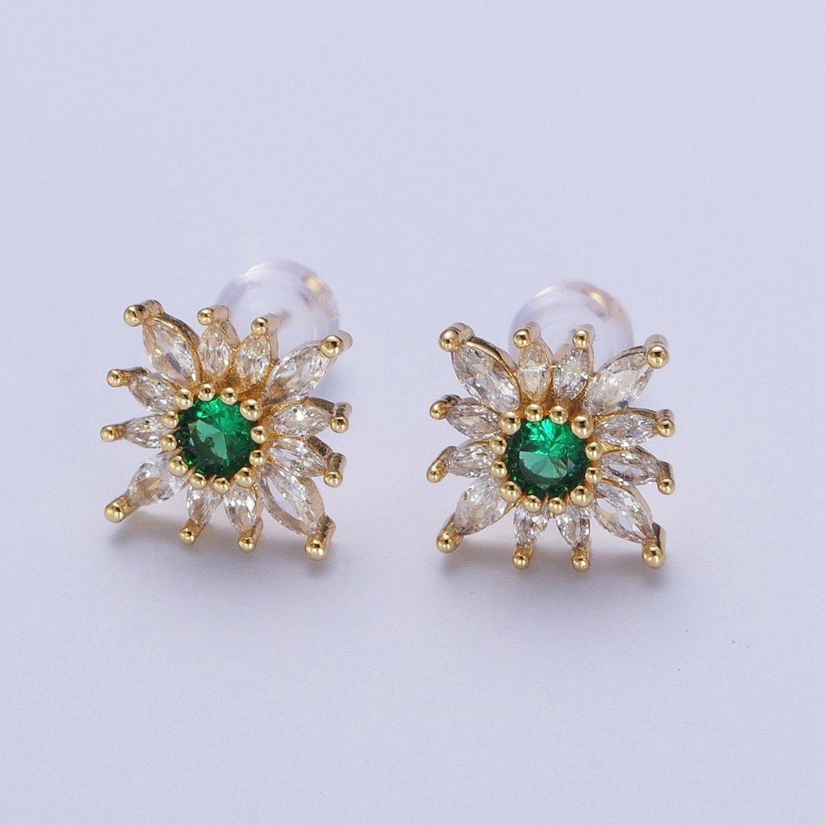 Emerald Green Sun Flower Round Marquise Cubic Zirconia Gold Stud Earrings | X-935 - DLUXCA