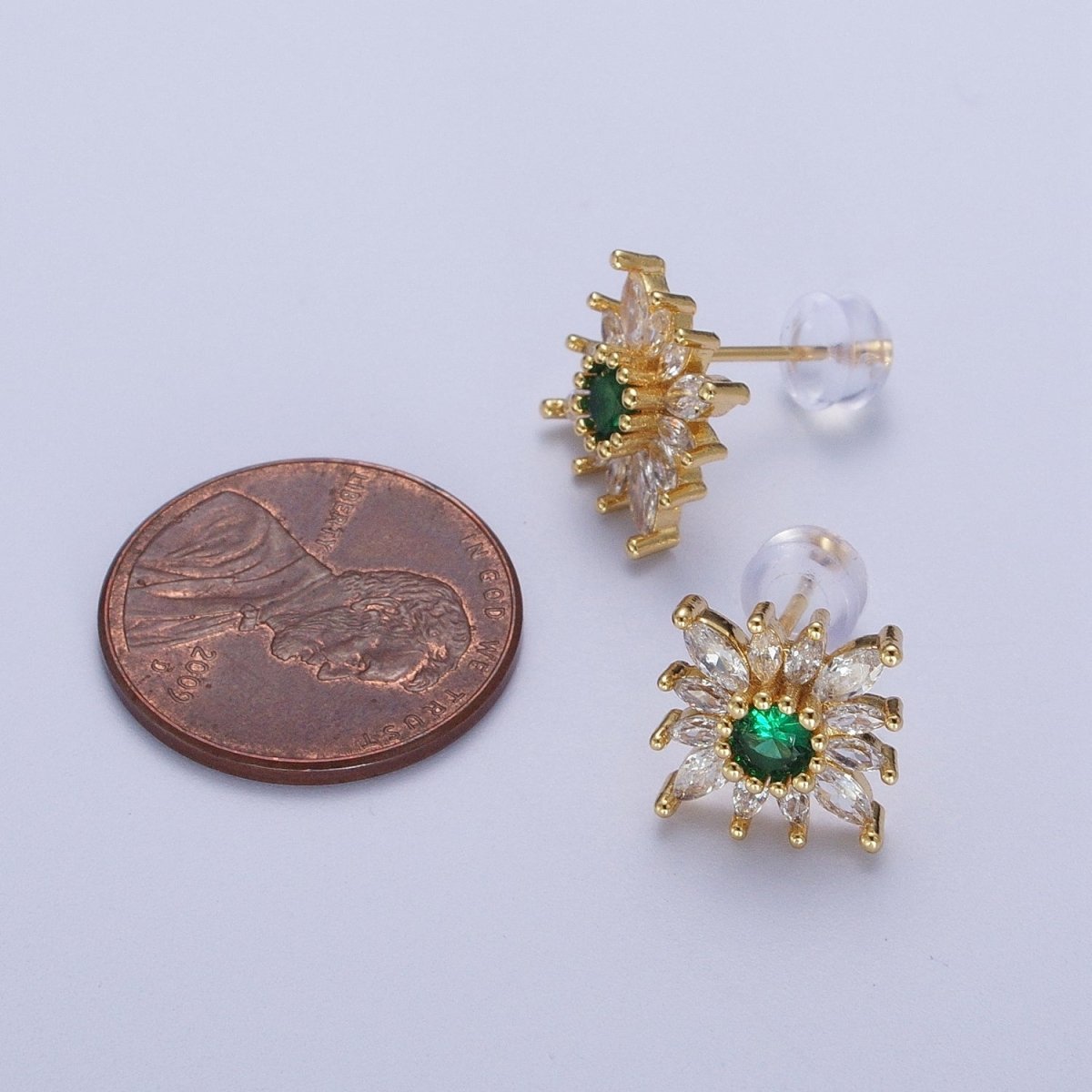 Emerald Green Sun Flower Round Marquise Cubic Zirconia Gold Stud Earrings | X-935 - DLUXCA