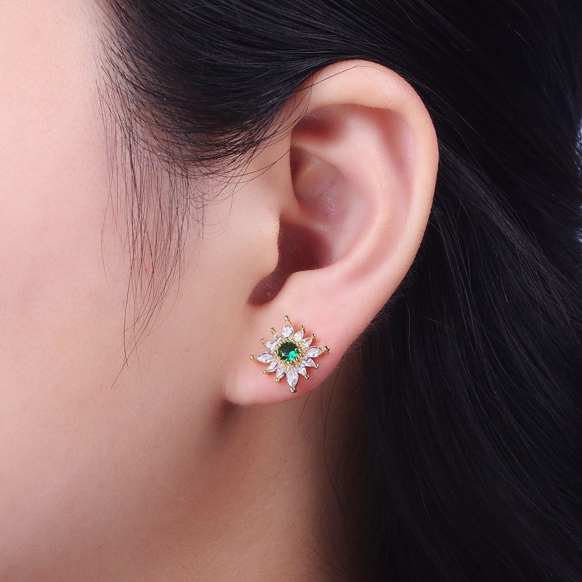 Emerald Green Sun Flower Round Marquise Cubic Zirconia Gold Stud Earrings | X-935 - DLUXCA