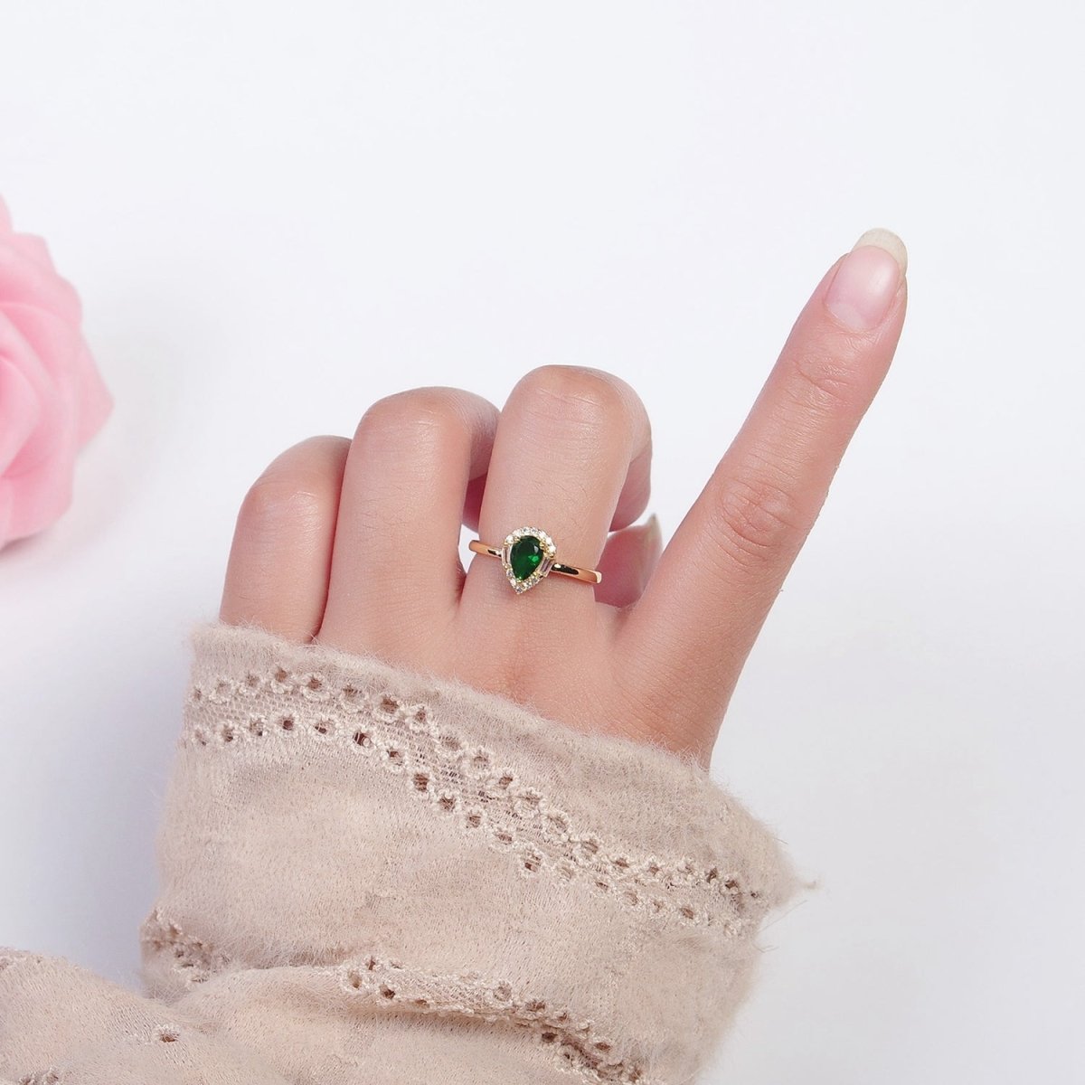 Emerald Green Teardrop CZ Promise Ring O-787 - DLUXCA