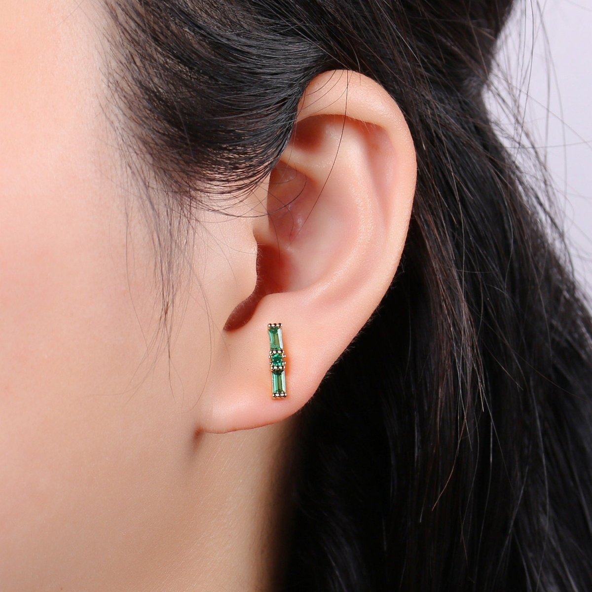 Emerald Stud Earring - Green Stone Stud Earring - Dainty Stud Earring -18k Gold Stud Earring Q-511 - DLUXCA