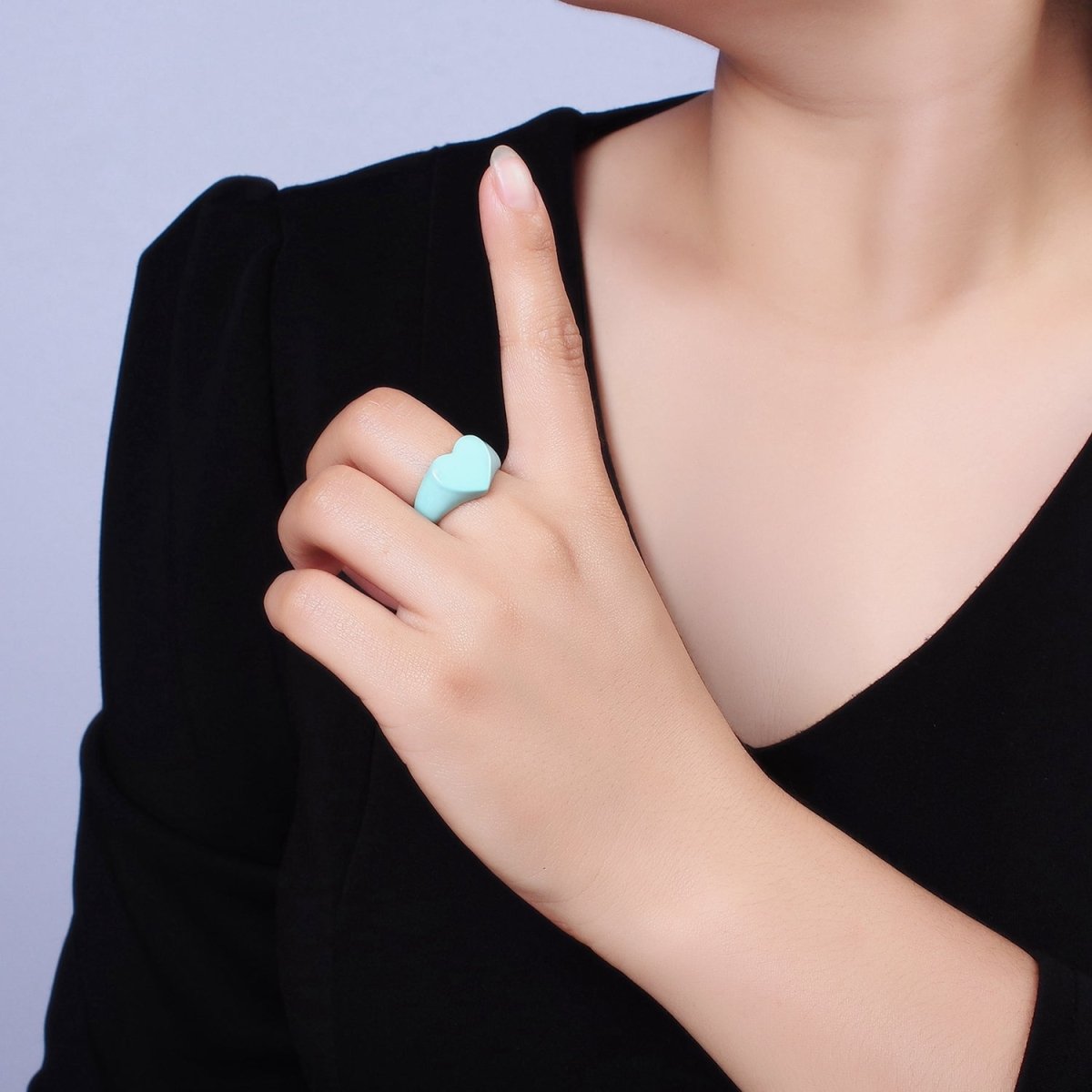 Enamel Baby Blue Heart Signet Y2K Statement Ring Adjustable Ring for Single Lady | O-563 - DLUXCA