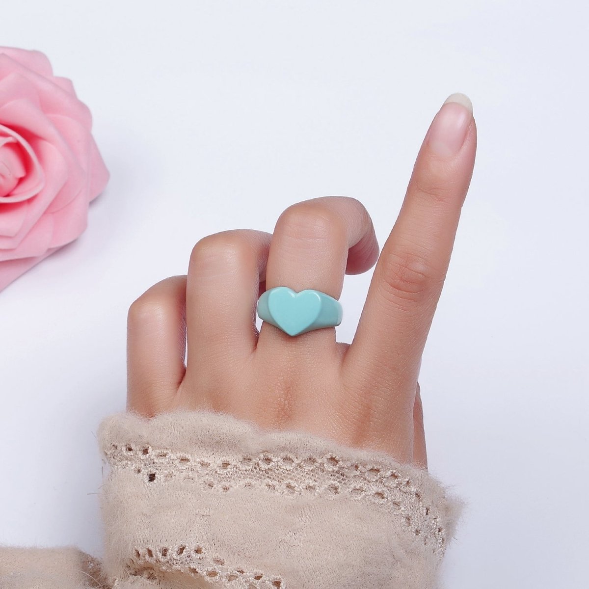 Enamel Baby Blue Heart Signet Y2K Statement Ring Adjustable Ring for Single Lady | O-563 - DLUXCA