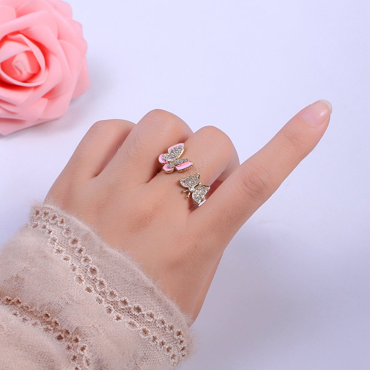 Enamel Butterfly Ring Open Adjustable Mariposa Rings, Dainty Thin Stackable Jewelry S-138 ~ S-147 - DLUXCA