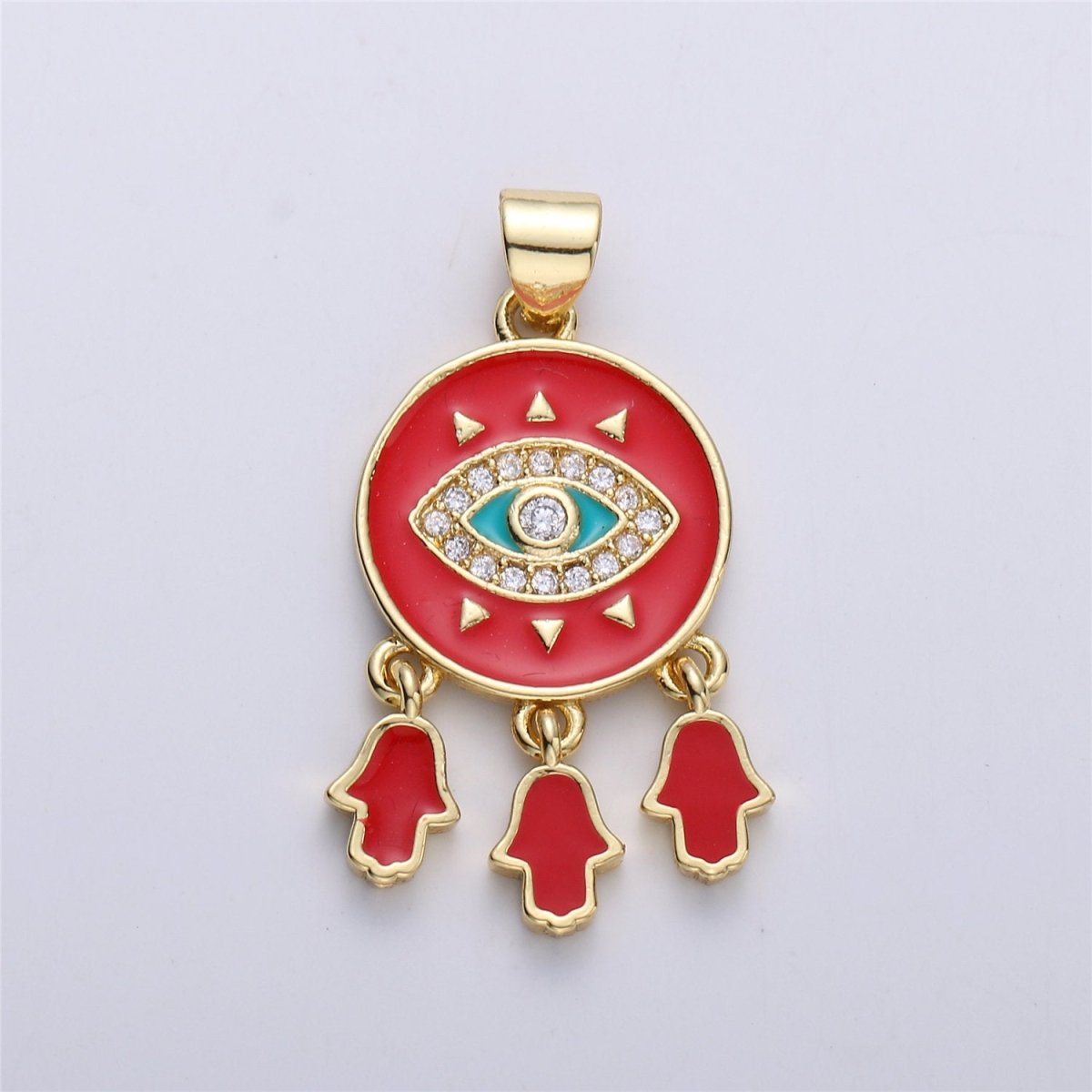 Enamel Coin Pendant Evil eye charm, Black White Red Enamel Pendant, Enamel Evil Eye with Hamsa Hand Charm protection eye jewelery, 31x16mm I-173 - DLUXCA