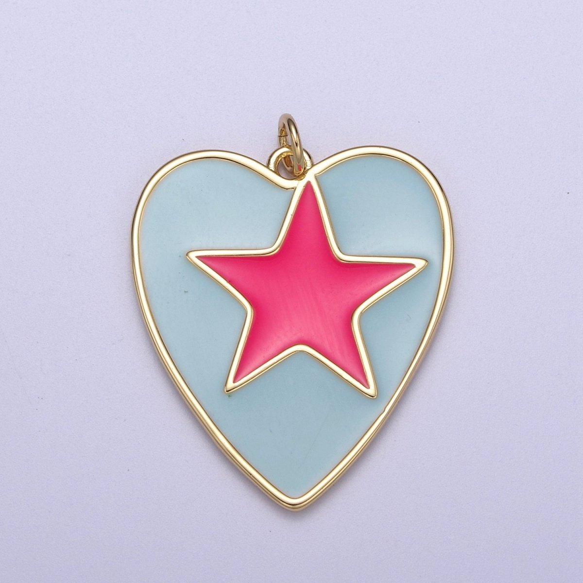 Enamel Colorful Five Point Star On Heart Shape Pendant, 14K Gold Filled Blue Enamel Charm N-300 - DLUXCA