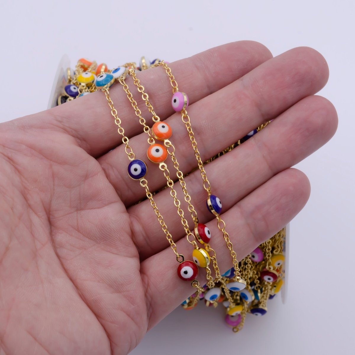 Enamel Evil Eye Chain, Wholesale 24k Gold Filled Beaded Chain, Enamel Satellite Chain for Jewelry Making Findings | ROLL-868 Clearance Pricing - DLUXCA
