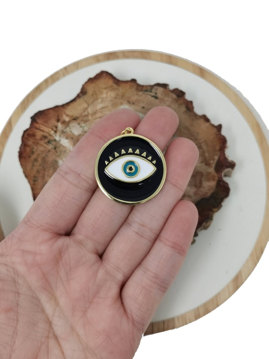 Enamel Evil Eye Charm, Black White eye pendant, Enamel eye Pendant, eye of Ra charm Coin Medallion Pendant 35x33mm D-637 D-638 C-760 - DLUXCA