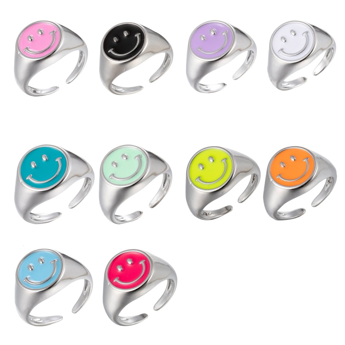 Enamel Happy Face Ring, Silver Smiley Face Signet Ring Y2K Jewelry Inspired O-892~O-901 - DLUXCA