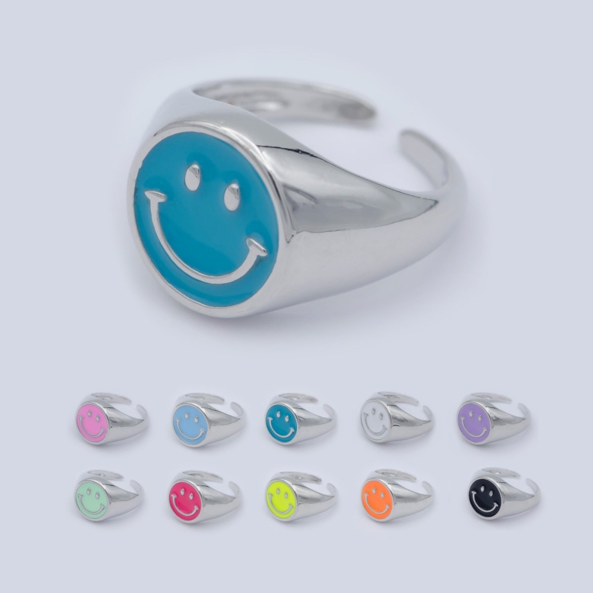 Enamel Happy Face Ring, Silver Smiley Face Signet Ring Y2K Jewelry Inspired O-892~O-901 - DLUXCA