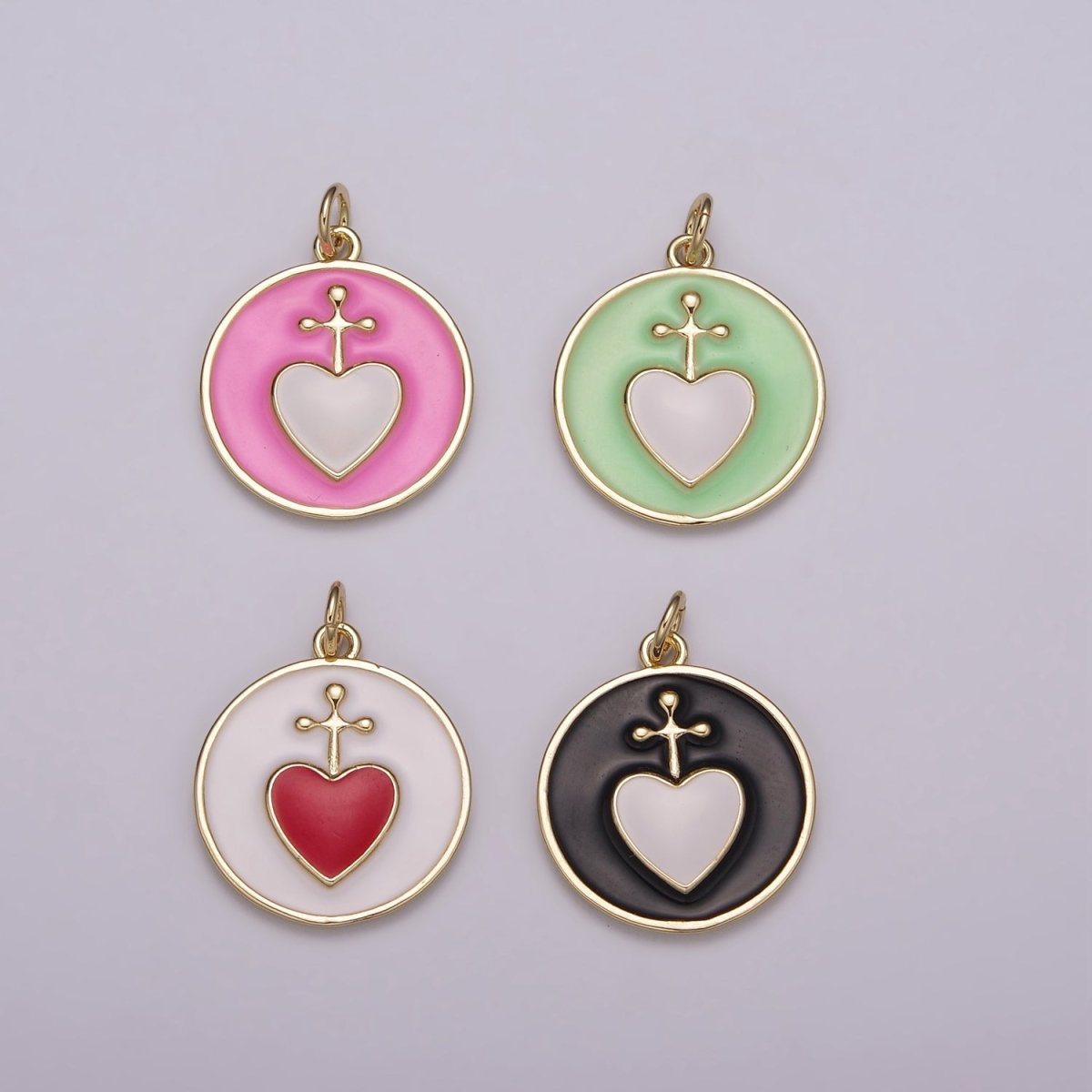 Enamel Heart Cross Pendant, Earrings pendant, Bracelet Charm, Necklace Pendant Green White Black Pink Religious jewelry making E-615-E-618 - DLUXCA