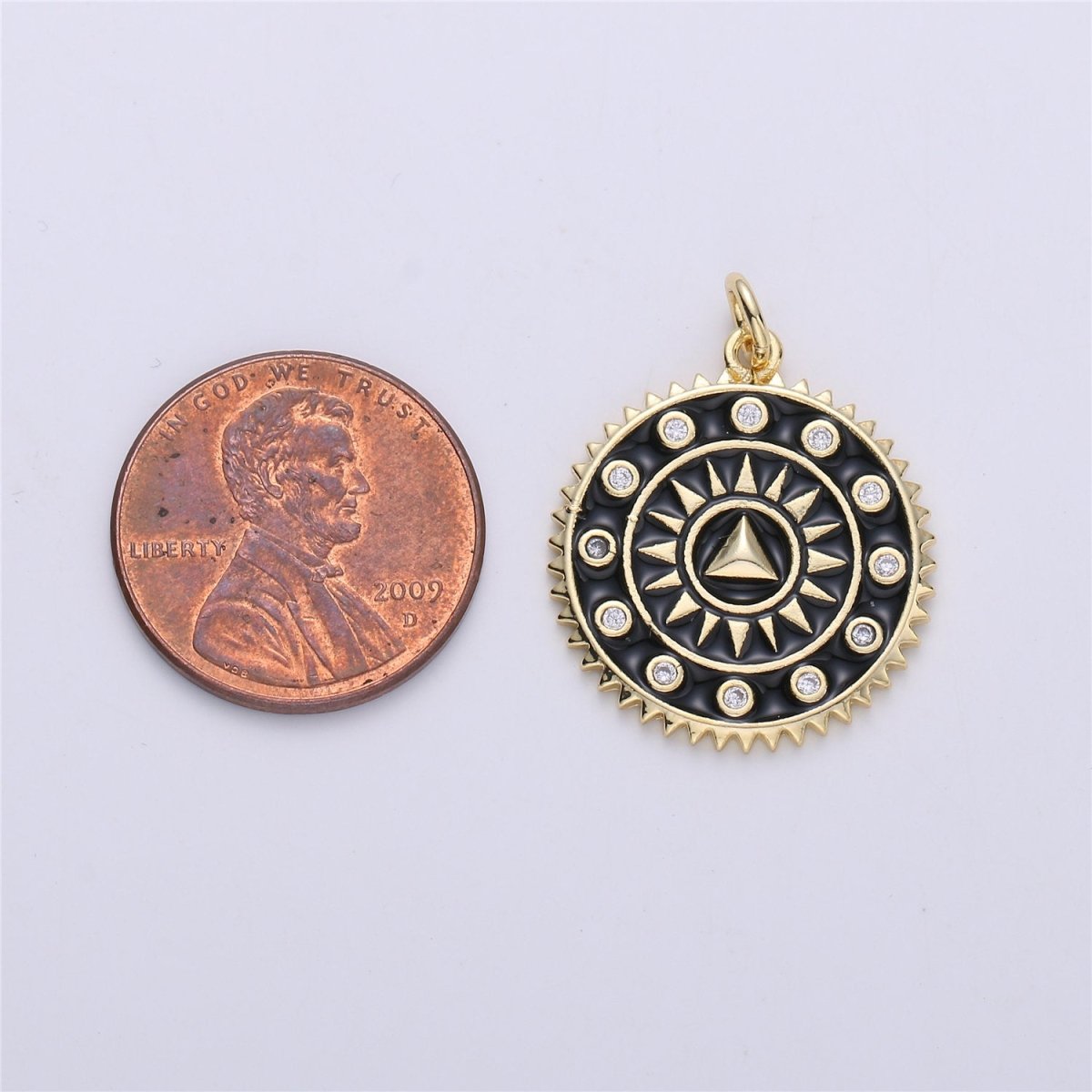 Enamel White and Black Medallion pendant, Coin charm, Gold fill SunBurst charm, 25x20mm C-611 - DLUXCA