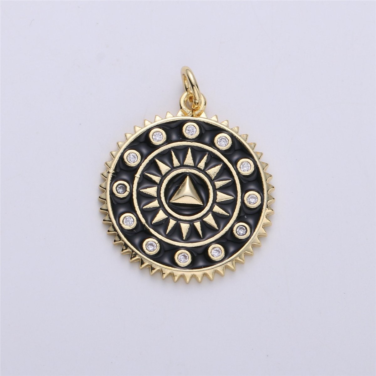 Enamel White and Black Medallion pendant, Coin charm, Gold fill SunBurst charm, 25x20mm C-611 - DLUXCA
