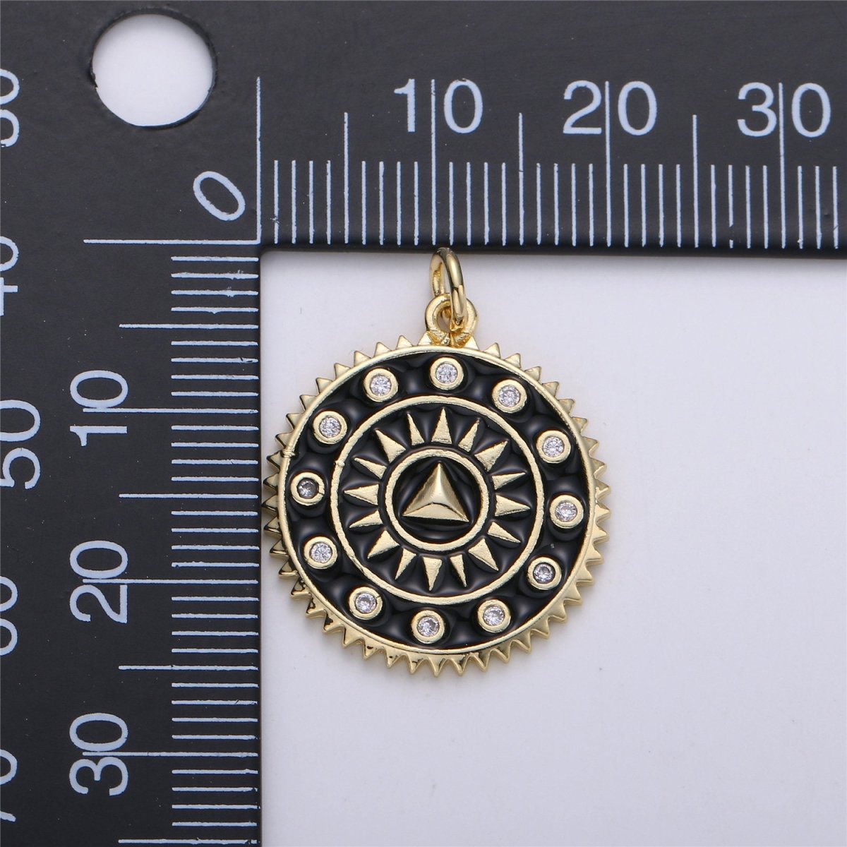 Enamel White and Black Medallion pendant, Coin charm, Gold fill SunBurst charm, 25x20mm C-611 - DLUXCA