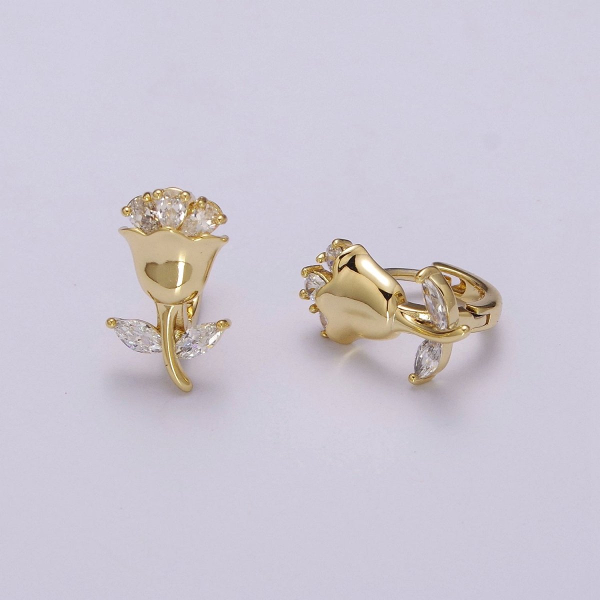 English Rose Huggie Earring - Tiny Gold Rose Flower Earring - Dainty Flower Hypoallergenic Earrings T-218 - DLUXCA