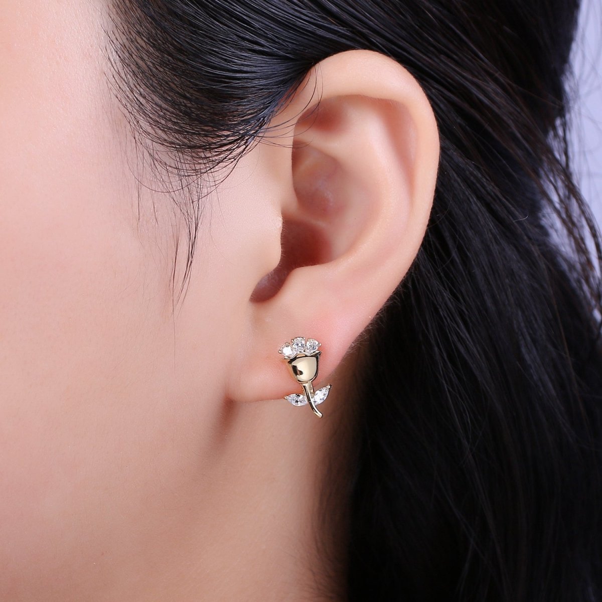 English Rose Huggie Earring - Tiny Gold Rose Flower Earring - Dainty Flower Hypoallergenic Earrings T-218 - DLUXCA