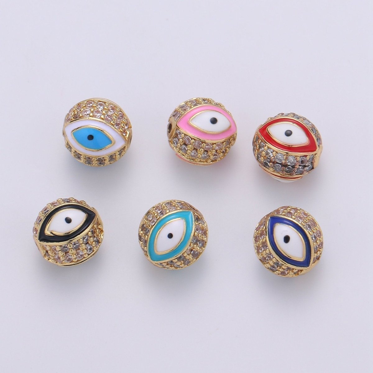Evil Eye Beads - Round Circle Bead Spacer - Religious Amulet Prayer Beads - Gold Evil Eye Bracelet Beads - Micro Pave Small Hole Beads B-293 B-294 B-295 B-296 B-297 B-298 - DLUXCA