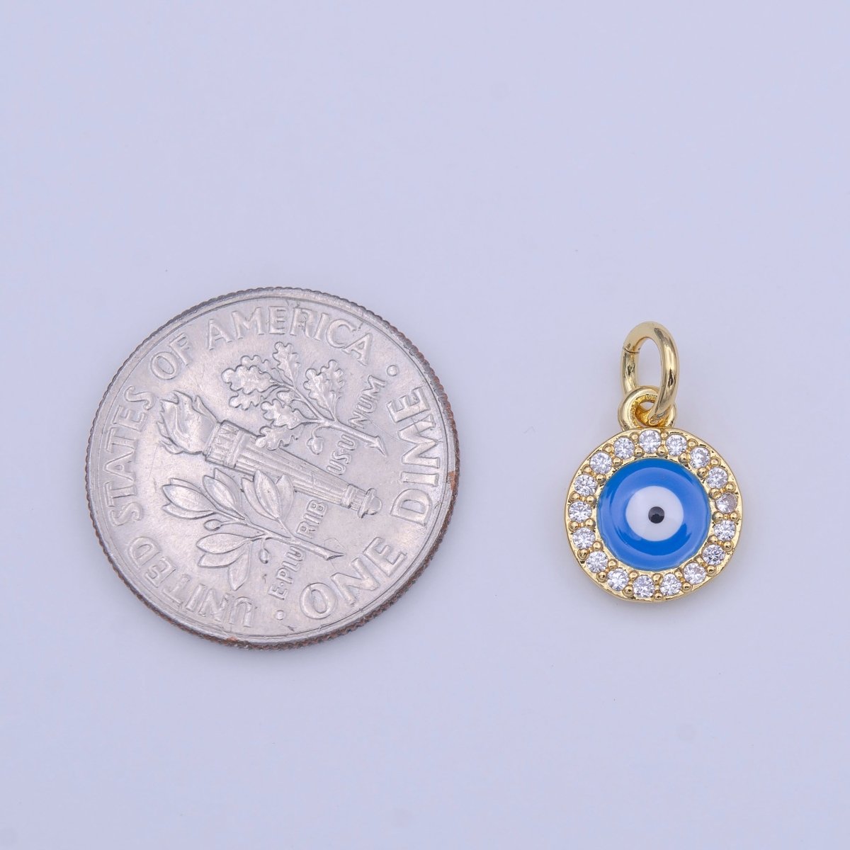 Evil Eye Blue Enamel Protection Micro Paved CZ Round Gold Charm | C-415 - DLUXCA