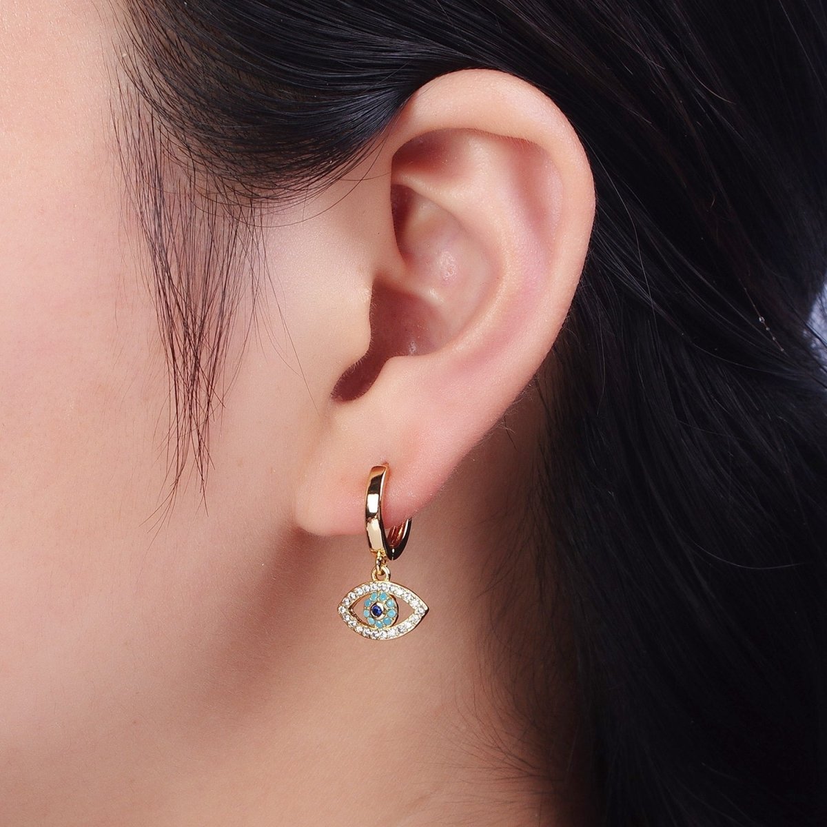Evil Eye Charm Hoop Earrings Gold | Small Gold Hoops Huggie Earrings 16K Gold Filled Earring Y-066 - DLUXCA