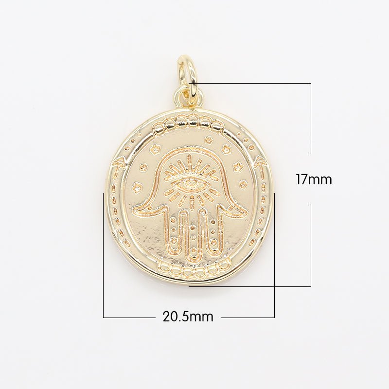 Evil Eye Hamsa Symbol Ornament Rustic Coin Charm, Gold Plated Ancient Ornament Medallion Charm Pendant GP-132 - DLUXCA