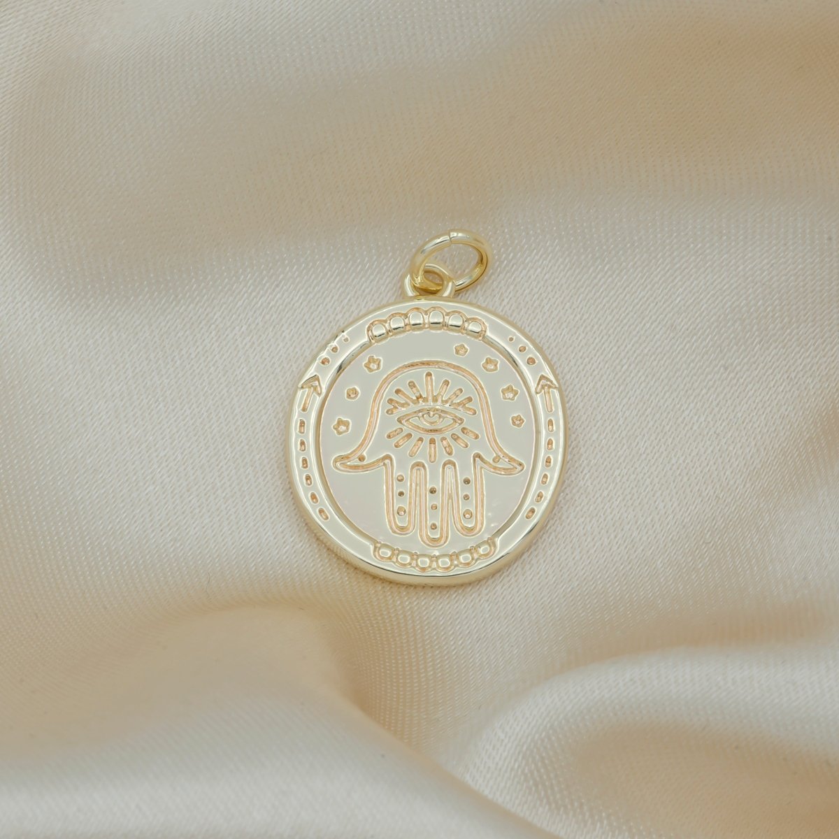 Evil Eye Hamsa Symbol Ornament Rustic Coin Charm, Gold Plated Ancient Ornament Medallion Charm Pendant GP-132 - DLUXCA