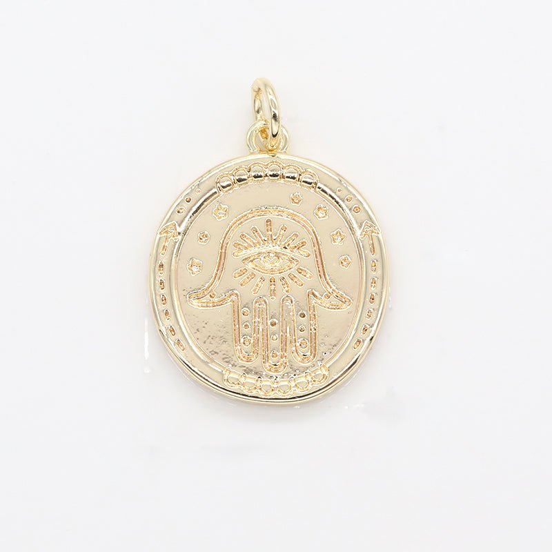 Evil Eye Hamsa Symbol Ornament Rustic Coin Charm, Gold Plated Ancient Ornament Medallion Charm Pendant GP-132 - DLUXCA