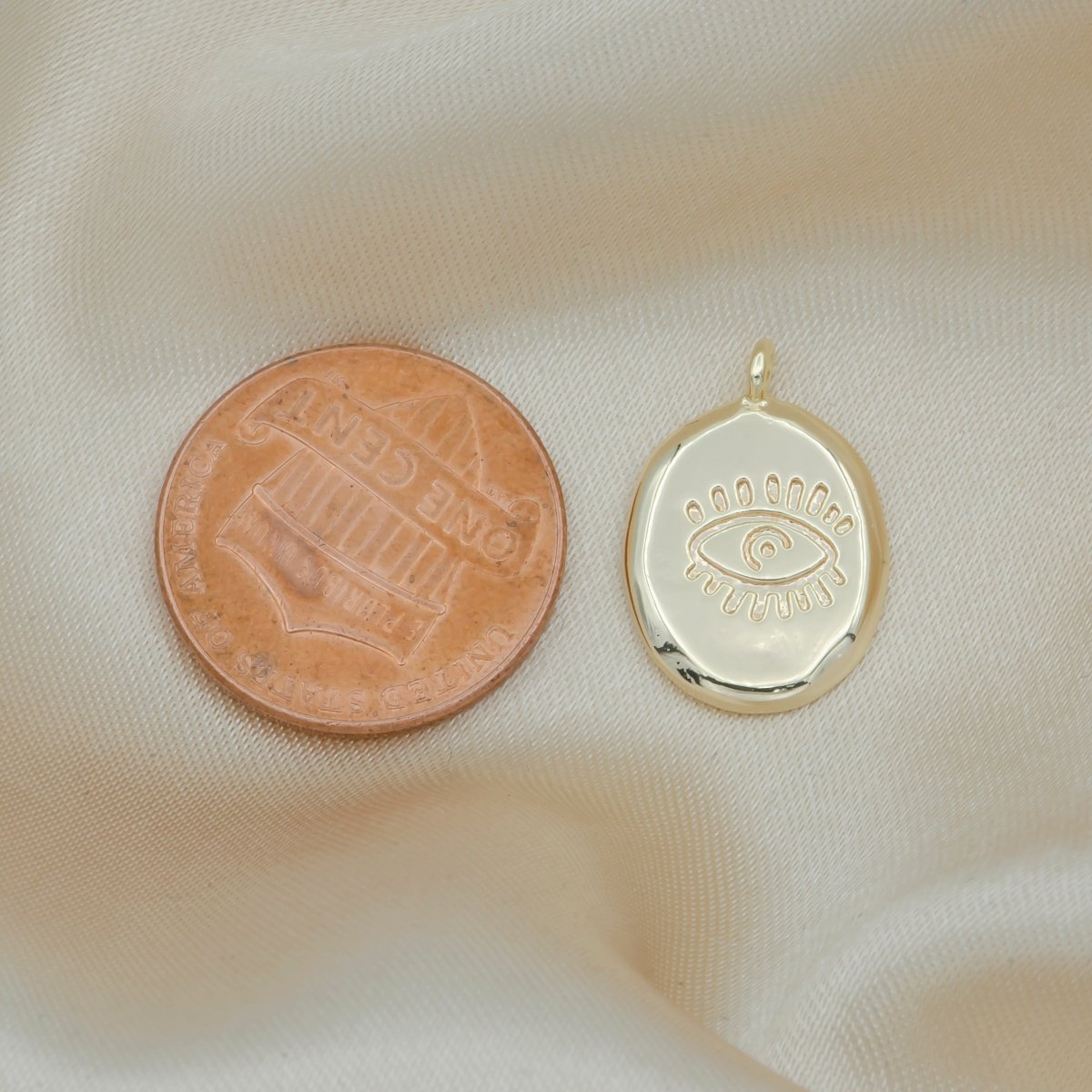Evil Eye Ornament in Golden Oval Rustic Coin Charm, Gold Plated Evil Eye on Geometric Shape Medallion Charm Pendant GP-134 - DLUXCA