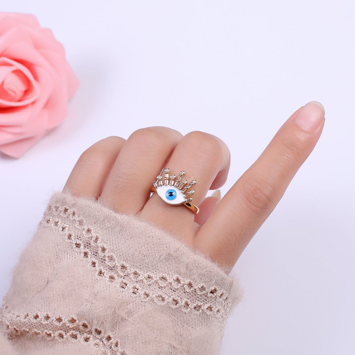 Evil Eye Ring, 14K Gold Filled Eye Ring, Evil Eye Zircons Ring, CZ Eye Blue Ring, Good Luck Ring Amulet Statement Stackable U-169 U-170 - DLUXCA