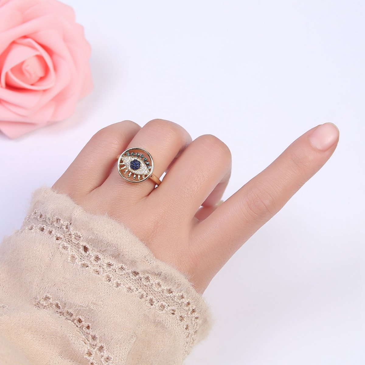 Evil Eye Ring Adjustable Ring, Gold Minimalist Ring, Diamond Evil Eye Ring, Amulet Ring, Protection Ring, Thin Delicate Ring, Gift Idea U-525 ~ U-529 - DLUXCA