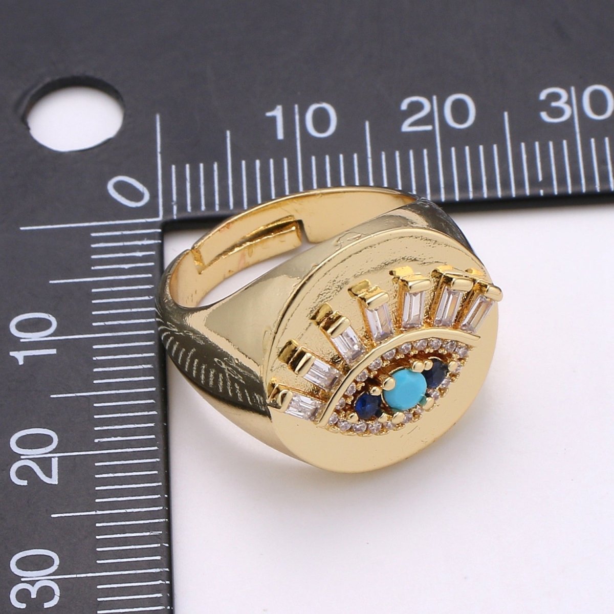 Evil Eye Ring, Signet Ring, Adjustable Gold Ring, Evil Eye Jewelry, Cubic Eye Ring, Stackable Ring, Turkish Evil Eye Amulet Jewelry R-197 - DLUXCA