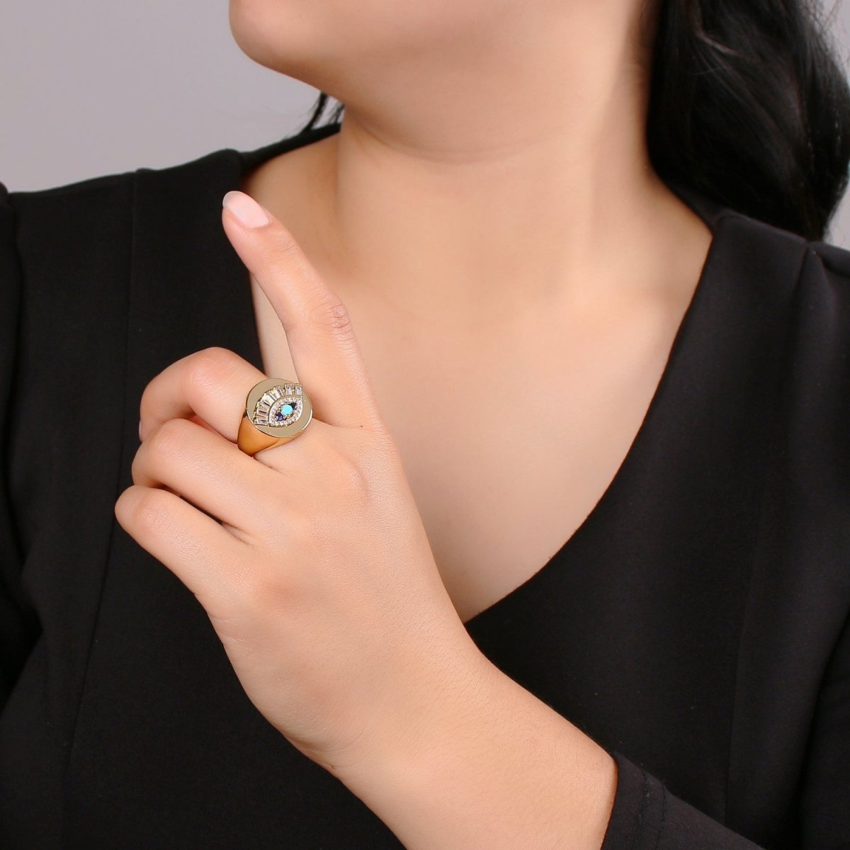 Evil Eye Ring, Signet Ring, Adjustable Gold Ring, Evil Eye Jewelry, Cubic Eye Ring, Stackable Ring, Turkish Evil Eye Amulet Jewelry R-197 - DLUXCA