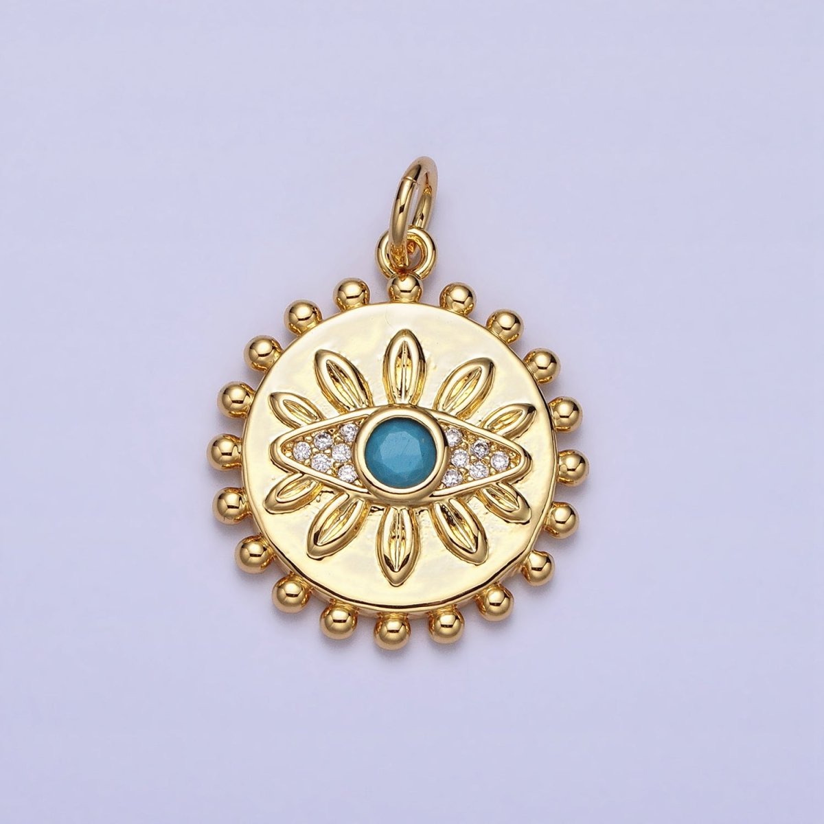 Evil Eye Turquoise Clear Micro Paved CZ Dotted Round Disc Gold Charm | AC362 - DLUXCA
