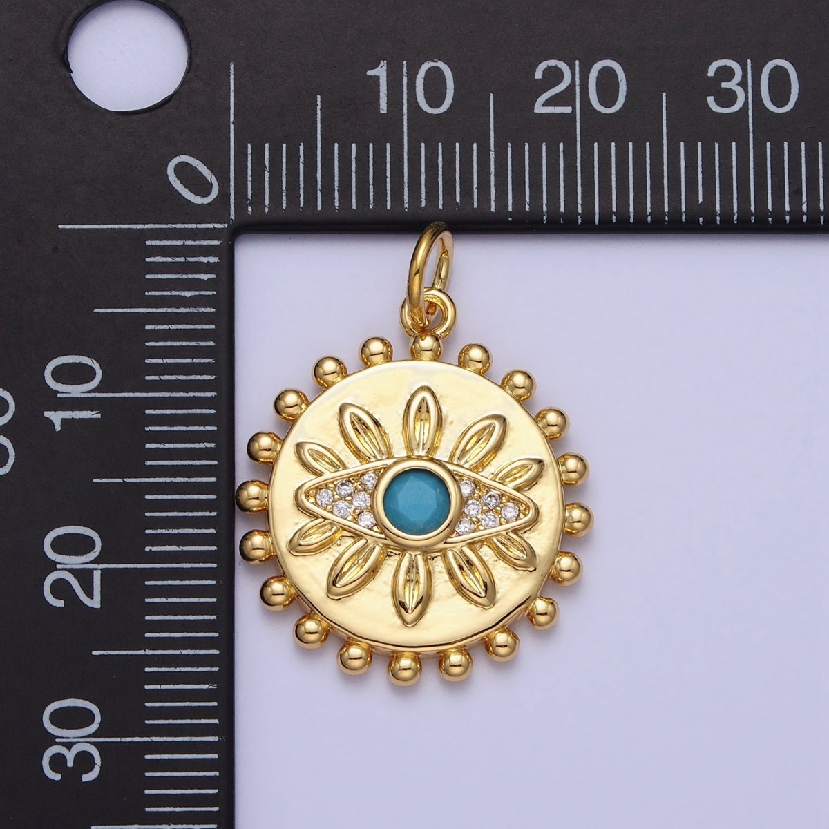 Evil Eye Turquoise Clear Micro Paved CZ Dotted Round Disc Gold Charm | AC362 - DLUXCA