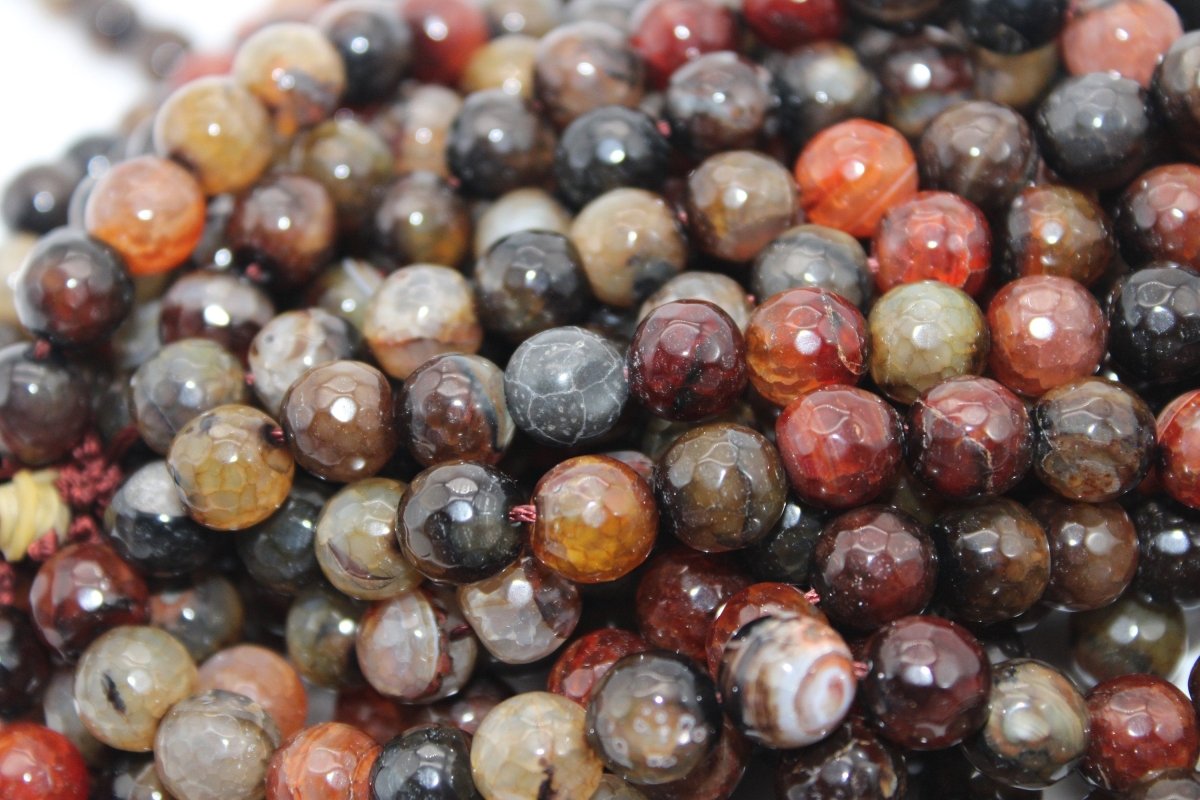 Faceted Brown Crab Fire Agate, 10mm Round Beads, Great Quality, Natural Gemstone for Jewellery Making. Supplies for DIY Necklace Bracelets - DLUXCA
